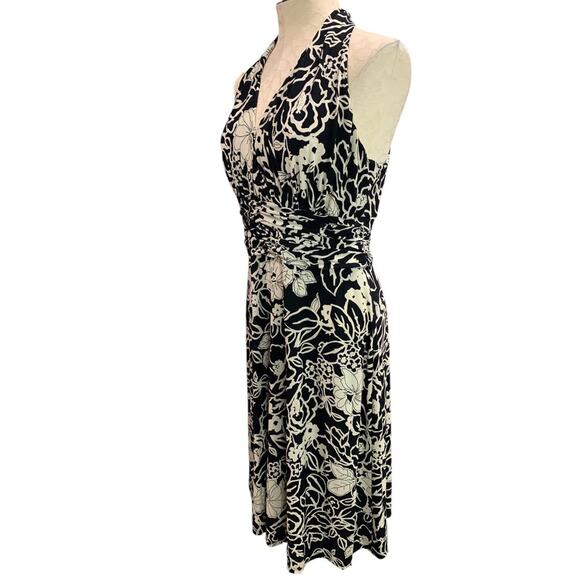 Size 12 Jones Wear Dress Black Ivory Print Pullover Stretch A-Line Midi - Picture 3 of 10